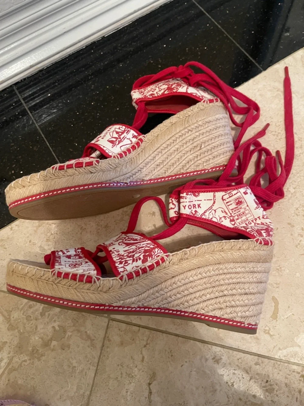 NWOT TORY BURCH red Destination Wedge Espadrilles with ankle/calf laces in sz 10
